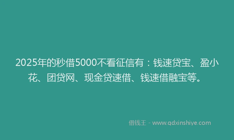 2025年的秒借5000不看征信有：钱速贷宝、盈小花、团贷网、现金贷速借、钱速借融宝等。