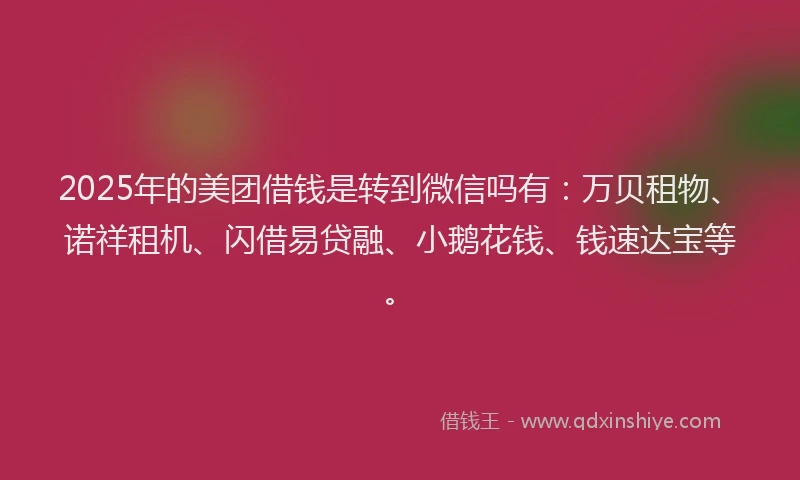 2025年的美团借钱是转到微信吗有：万贝租物、诺祥租机、闪借易贷融、小鹅花钱、钱速达宝等。