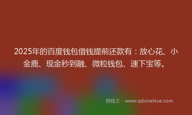 2025年的百度钱包借钱提前还款有：放心花、小金鹿、现金秒到融、微粒钱包、速下宝等。