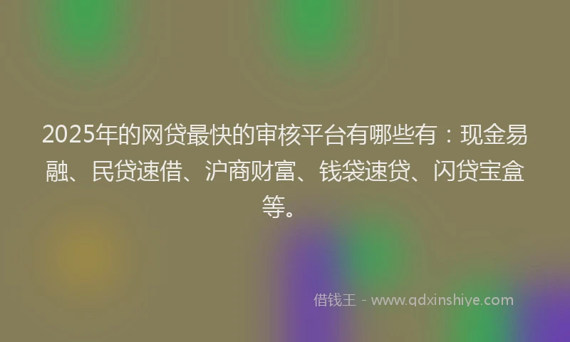 2025年的网贷最快的审核平台有哪些有：现金易融、民贷速借、沪商财富、钱袋速贷、闪贷宝盒等。