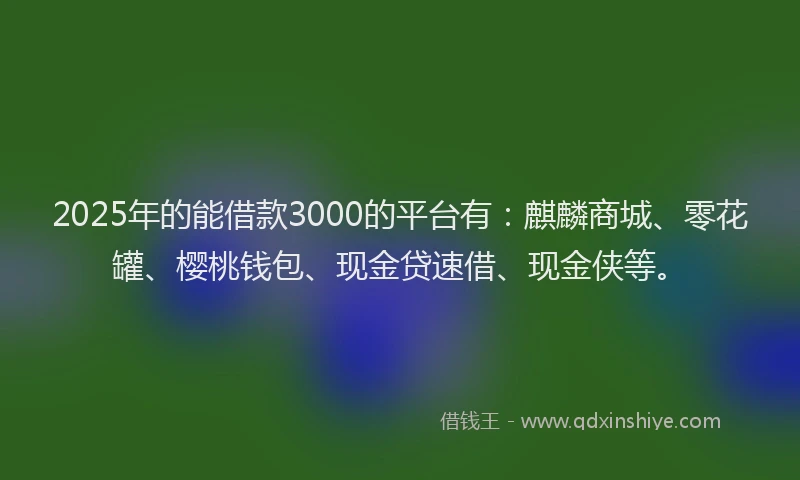 2025年的能借款3000的平台有：麒麟商城、零花罐、樱桃钱包、现金贷速借、现金侠等。