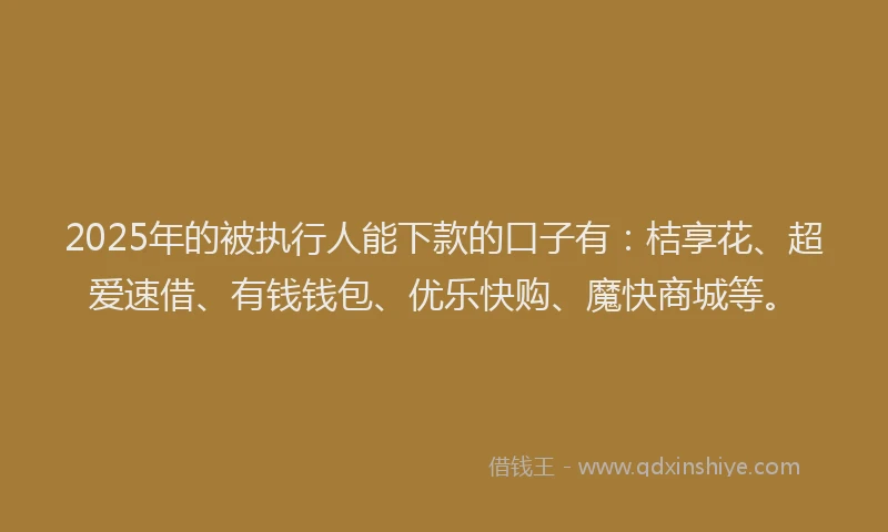 2025年的被执行人能下款的口子有：桔享花、超爱速借、有钱钱包、优乐快购、魔快商城等。