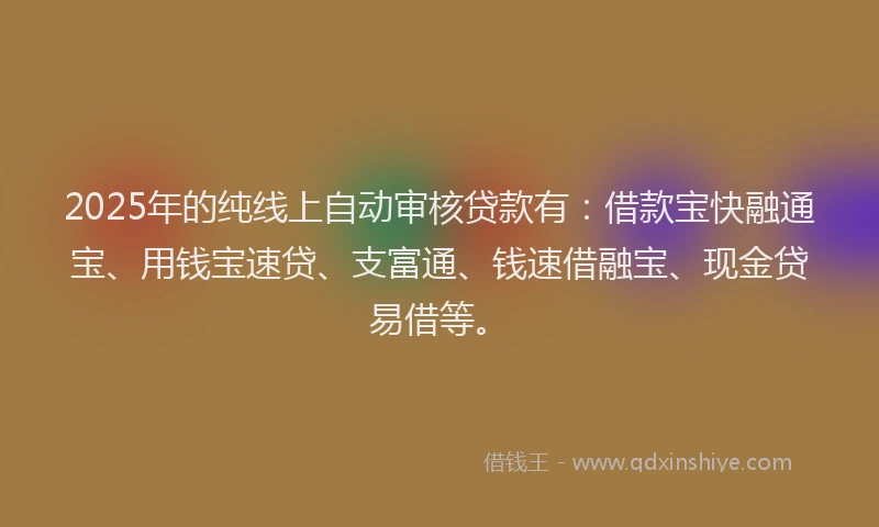 2025年的纯线上自动审核贷款有：借款宝快融通宝、用钱宝速贷、支富通、钱速借融宝、现金贷易借等。