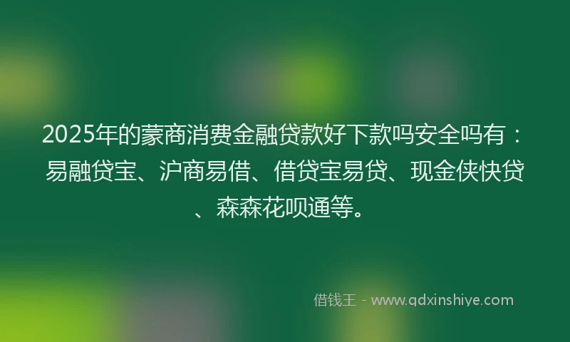2025年的蒙商消费金融贷款好下款吗安全吗有：易融贷宝、沪商易借、借贷宝易贷、现金侠快贷、森森花呗通等。