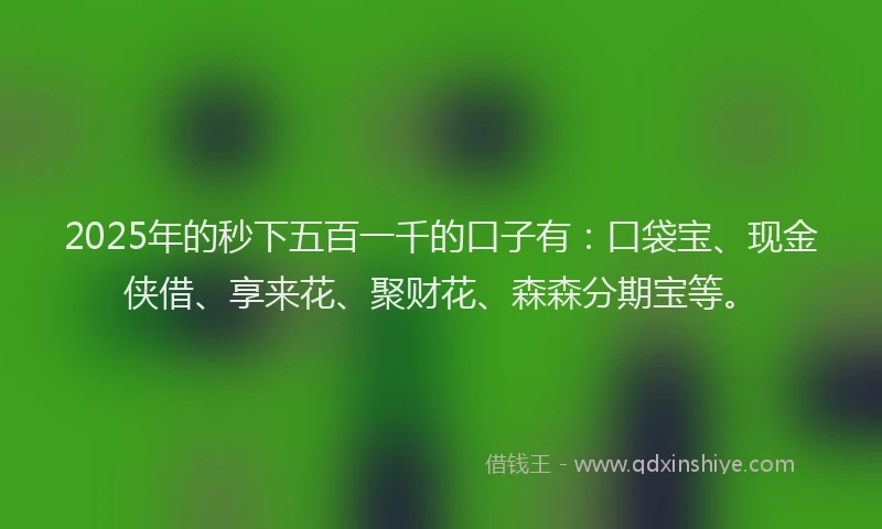 2025年的秒下五百一千的口子有：口袋宝、现金侠借、享来花、聚财花、森森分期宝等。