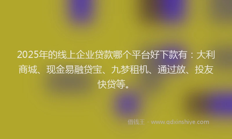 2025年的线上企业贷款哪个平台好下款有：大利商城、现金易融贷宝、九梦租机、通过放、投友快贷等。