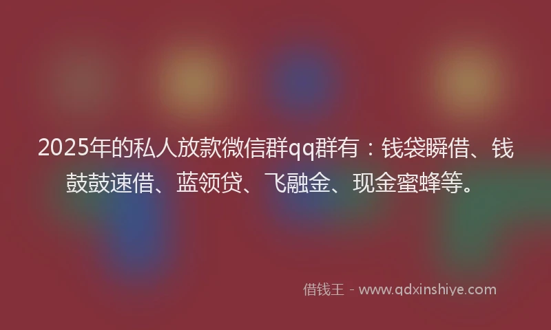 2025年的私人放款微信群qq群有：钱袋瞬借、钱鼓鼓速借、蓝领贷、飞融金、现金蜜蜂等。