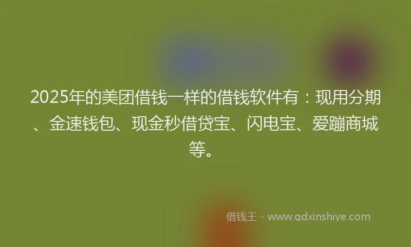 2025年的美团借钱一样的借钱软件有：现用分期、金速钱包、现金秒借贷宝、闪电宝、爱蹦商城等。