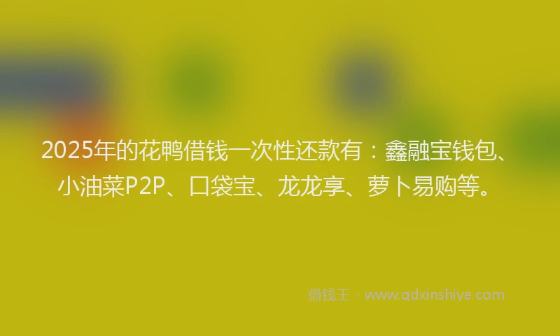 2025年的花鸭借钱一次性还款有：鑫融宝钱包、小油菜P2P、口袋宝、龙龙享、萝卜易购等。