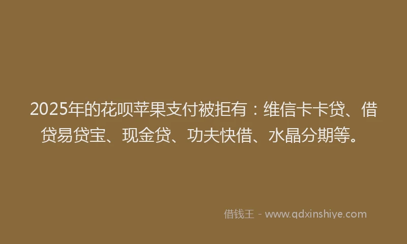 2025年的花呗苹果支付被拒有：维信卡卡贷、借贷易贷宝、现金贷、功夫快借、水晶分期等。