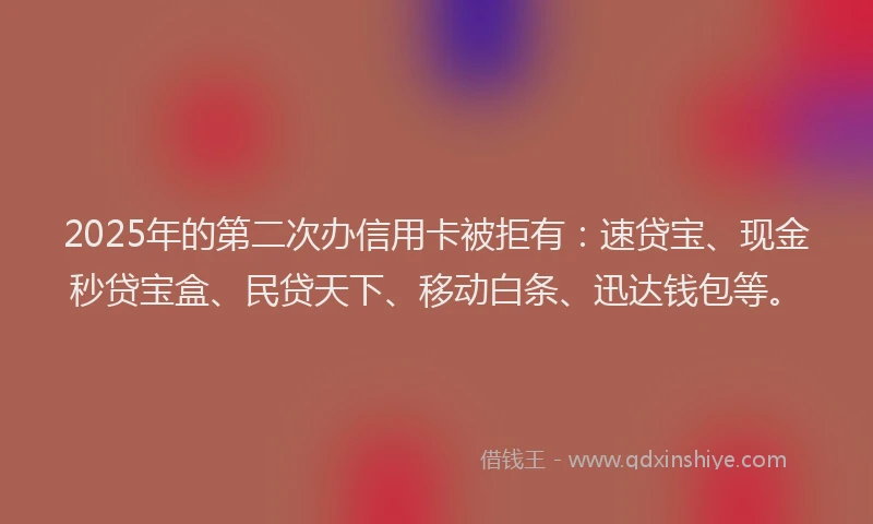 2025年的第二次办信用卡被拒有：速贷宝、现金秒贷宝盒、民贷天下、移动白条、迅达钱包等。