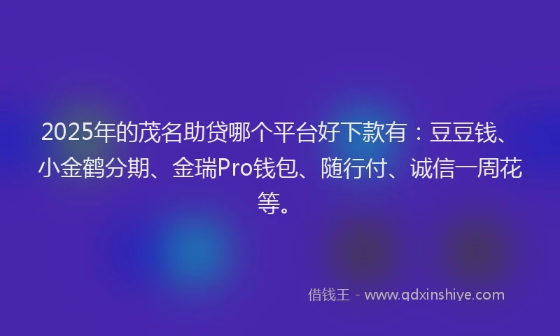 2025年的茂名助贷哪个平台好下款有：豆豆钱、小金鹤分期、金瑞Pro钱包、随行付、诚信一周花等。