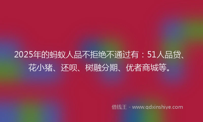 2025年的蚂蚁人品不拒绝不通过有：51人品贷、花小猪、还呗、树融分期、优者商城等。