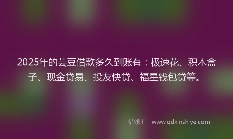 2025年的芸豆借款多久到账有：极速花、积木盒子、现金贷易、投友快贷、福星钱包贷等。