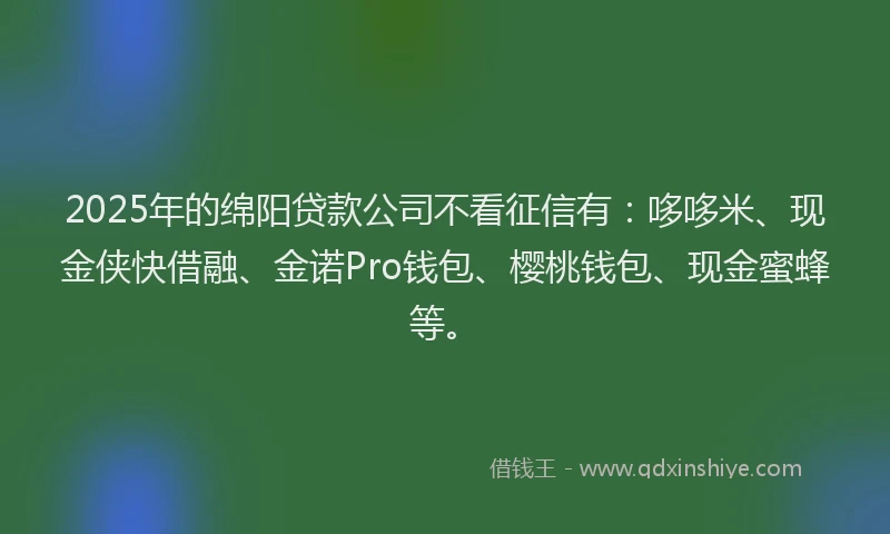 2025年的绵阳贷款公司不看征信有：哆哆米、现金侠快借融、金诺Pro钱包、樱桃钱包、现金蜜蜂等。