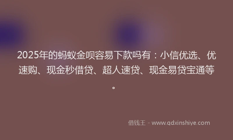 2025年的蚂蚁金呗容易下款吗有：小信优选、优速购、现金秒借贷、超人速贷、现金易贷宝通等。