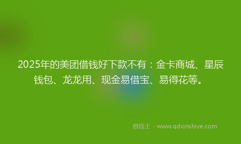 2025年的美团借钱好下款不有：金卡商城、星辰钱包、龙龙用、现金易借宝、易得花等。