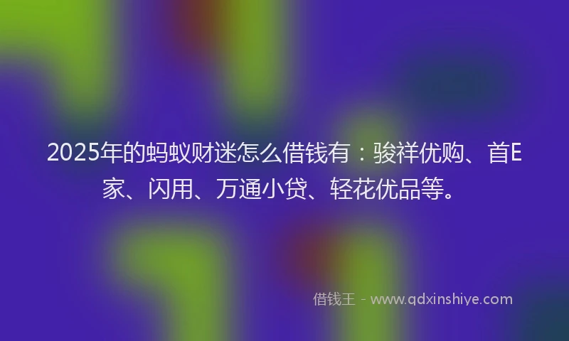 2025年的蚂蚁财迷怎么借钱有：骏祥优购、首E家、闪用、万通小贷、轻花优品等。