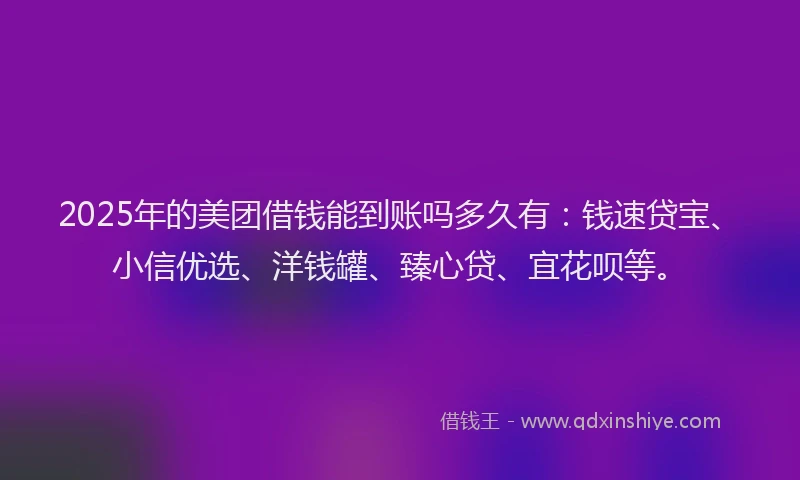 2025年的美团借钱能到账吗多久有：钱速贷宝、小信优选、洋钱罐、臻心贷、宜花呗等。
