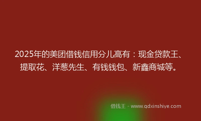 2025年的美团借钱信用分儿高有：现金贷款王、提取花、洋葱先生、有钱钱包、新鑫商城等。