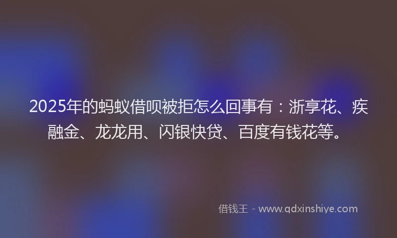 2025年的蚂蚁借呗被拒怎么回事有：浙享花、疾融金、龙龙用、闪银快贷、百度有钱花等。