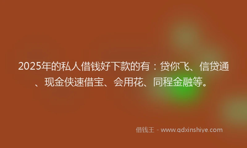 2025年的私人借钱好下款的有：贷你飞、信贷通、现金侠速借宝、会用花、同程金融等。