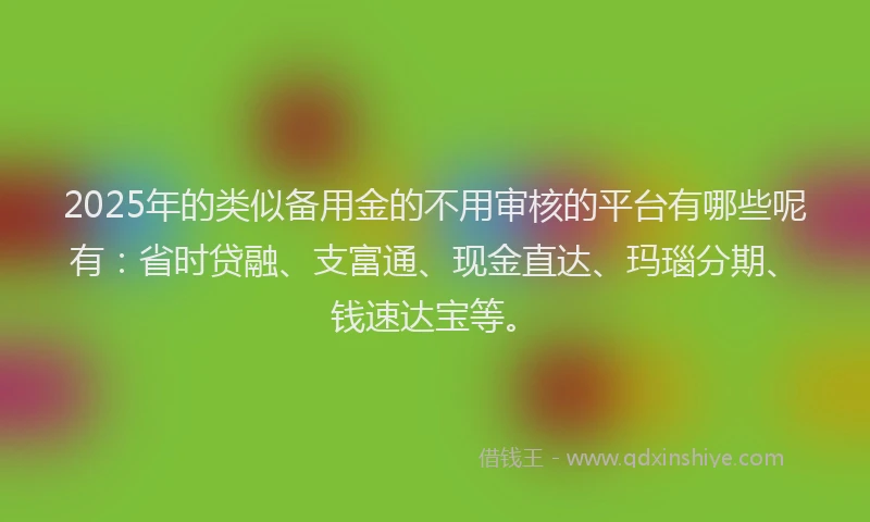 2025年的类似备用金的不用审核的平台有哪些呢有：省时贷融、支富通、现金直达、玛瑙分期、钱速达宝等。