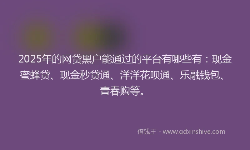 2025年的网贷黑户能通过的平台有哪些有：现金蜜蜂贷、现金秒贷通、洋洋花呗通、乐融钱包、青春购等。