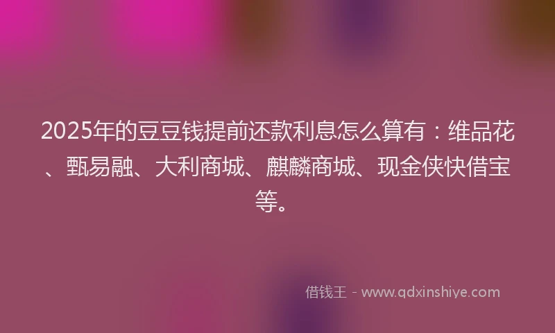 2025年的豆豆钱提前还款利息怎么算有：维品花、甄易融、大利商城、麒麟商城、现金侠快借宝等。