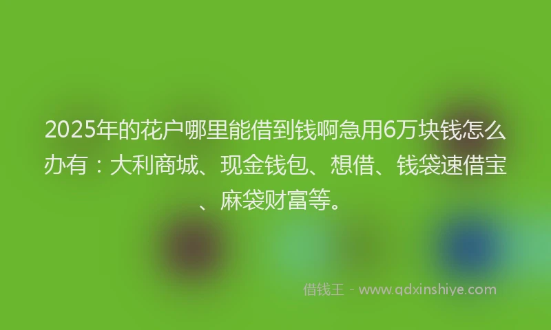 2025年的花户哪里能借到钱啊急用6万块钱怎么办有：大利商城、现金钱包、想借、钱袋速借宝、麻袋财富等。