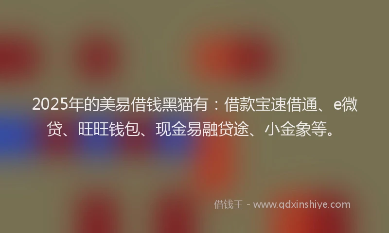 2025年的美易借钱黑猫有：借款宝速借通、e微贷、旺旺钱包、现金易融贷途、小金象等。