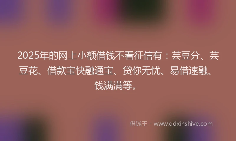 2025年的网上小额借钱不看征信有：芸豆分、芸豆花、借款宝快融通宝、贷你无忧、易借速融、钱满满等。