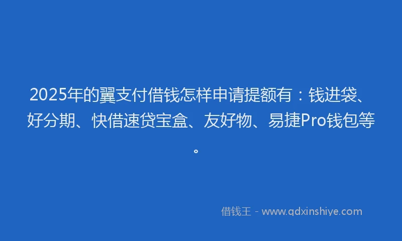 2025年的翼支付借钱怎样申请提额有：钱进袋、好分期、快借速贷宝盒、友好物、易捷Pro钱包等。