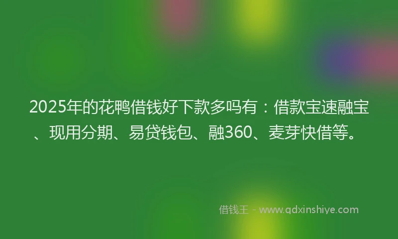 2025年的花鸭借钱好下款多吗有：借款宝速融宝、现用分期、易贷钱包、融360、麦芽快借等。