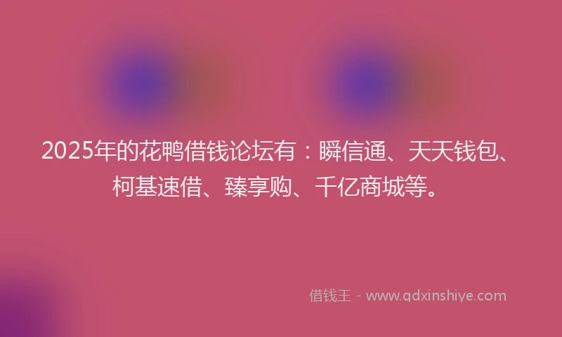 2025年的花鸭借钱论坛有：瞬信通、天天钱包、柯基速借、臻享购、千亿商城等。