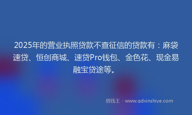 2025年的营业执照贷款不查征信的贷款有：麻袋速贷、恒创商城、速贷Pro钱包、金色花、现金易融宝贷途等。