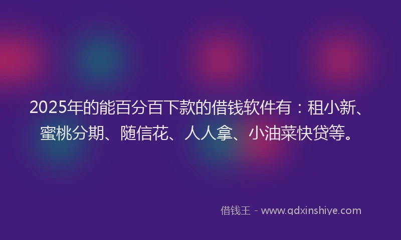 2025年的能百分百下款的借钱软件有：租小新、蜜桃分期、随信花、人人拿、小油菜快贷等。