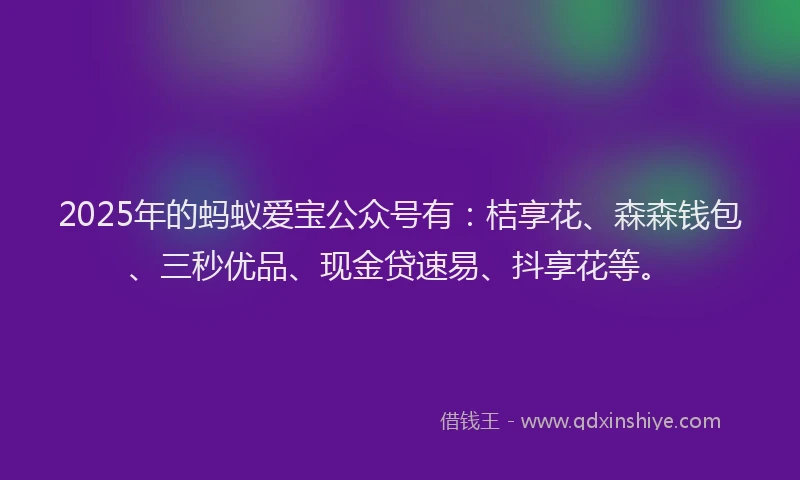 2025年的蚂蚁爱宝公众号有：桔享花、森森钱包、三秒优品、现金贷速易、抖享花等。