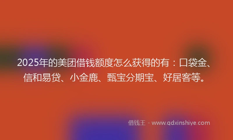 2025年的美团借钱额度怎么获得的有：口袋金、信和易贷、小金鹿、甄宝分期宝、好居客等。