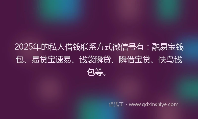 2025年的私人借钱联系方式微信号有：融易宝钱包、易贷宝速易、钱袋瞬贷、瞬借宝贷、快鸟钱包等。