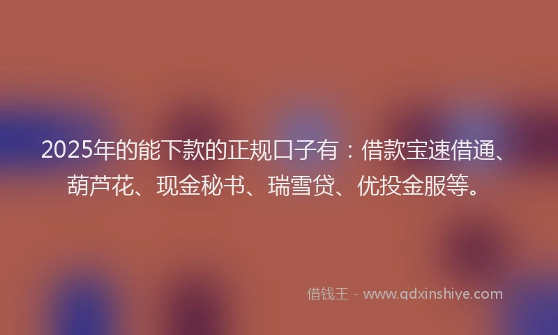 2025年的能下款的正规口子有：借款宝速借通、葫芦花、现金秘书、瑞雪贷、优投金服等。