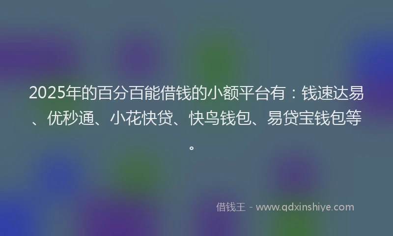 2025年的百分百能借钱的小额平台有：钱速达易、优秒通、小花快贷、快鸟钱包、易贷宝钱包等。