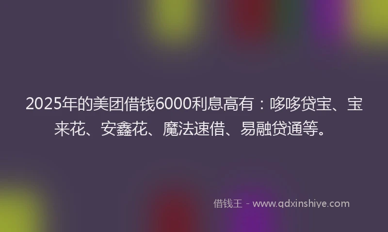 2025年的美团借钱6000利息高有：哆哆贷宝、宝来花、安鑫花、魔法速借、易融贷通等。
