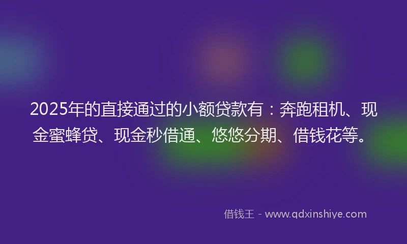 2025年的直接通过的小额贷款有：奔跑租机、现金蜜蜂贷、现金秒借通、悠悠分期、借钱花等。