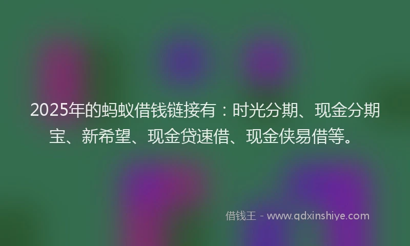 2025年的蚂蚁借钱链接有：时光分期、现金分期宝、新希望、现金贷速借、现金侠易借等。