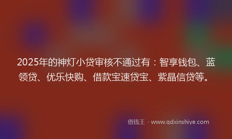 2025年的神灯小贷审核不通过有：智享钱包、蓝领贷、优乐快购、借款宝速贷宝、紫晶信贷等。