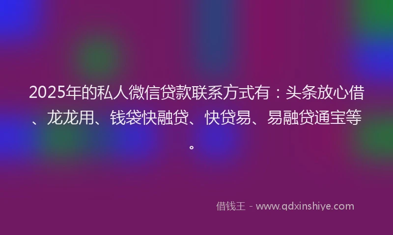 2025年的私人微信贷款联系方式有：头条放心借、龙龙用、钱袋快融贷、快贷易、易融贷通宝等。
