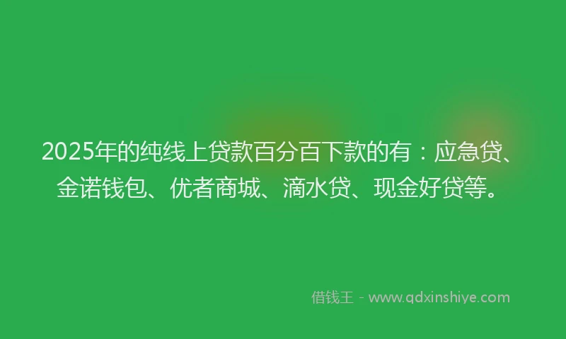 2025年的纯线上贷款百分百下款的有：应急贷、金诺钱包、优者商城、滴水贷、现金好贷等。