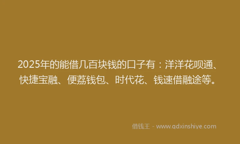 2025年的能借几百块钱的口子有：洋洋花呗通、快捷宝融、便荔钱包、时代花、钱速借融途等。