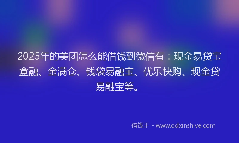 2025年的美团怎么能借钱到微信有：现金易贷宝盒融、金满仓、钱袋易融宝、优乐快购、现金贷易融宝等。